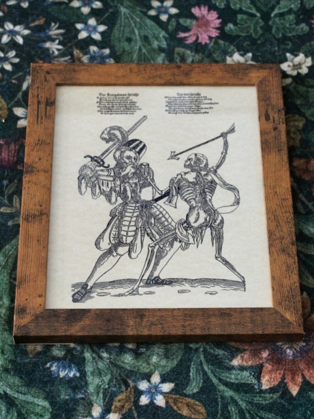 Framed Dance of Death Vs Landsknecht Parchment Print Woodcut Gothic Art 8x10